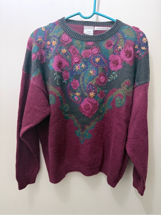 Jantzen Sweaters - Vintage 90s Burgundy Floral Cottagecore Fairy Oversized Knit Grandma Sweater L